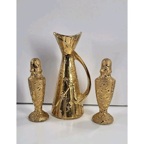 Vtg Savoy Weeping Gold Mid Century Modern MCM Vase Plus Salt and Pepper Shakers - Picture 3 of 14